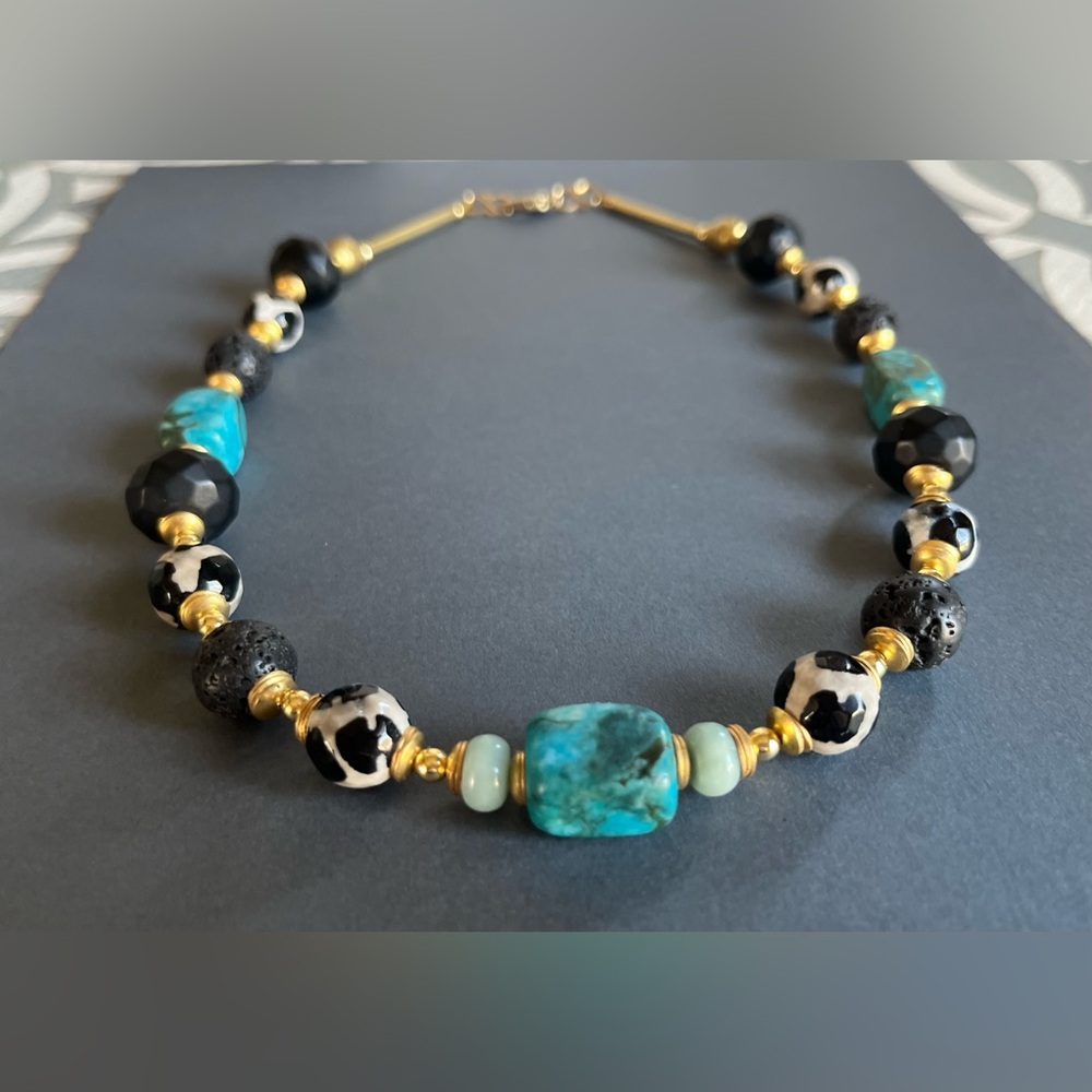 New Turquoise and Black Beaded Necklace with Gold Accents